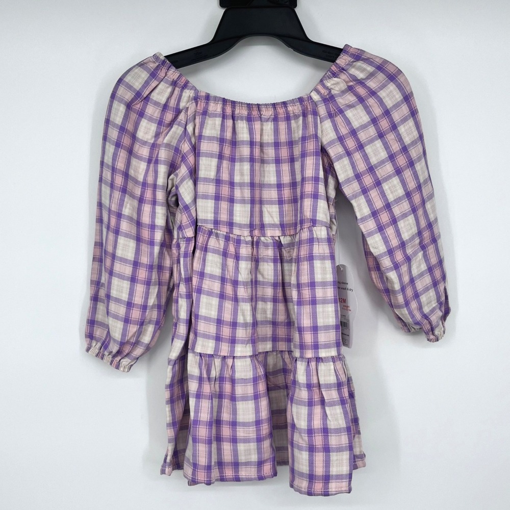 Plaid Tiered Dress Girls 12M Purple Ivory Long Sleeve Wonder Nation